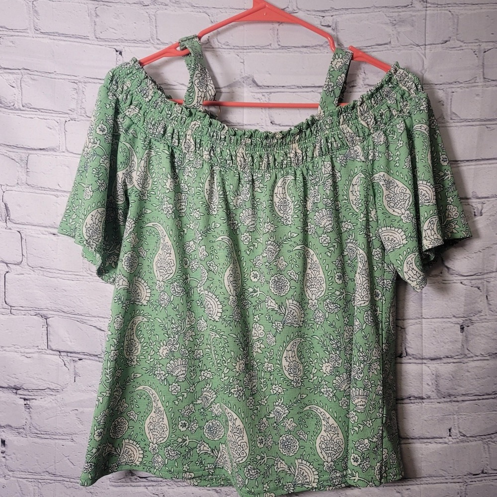MELLODAY Blouse Womens‎ M Green Paisley Off Shoulder Flutter Sleeve Flowy Fairy
